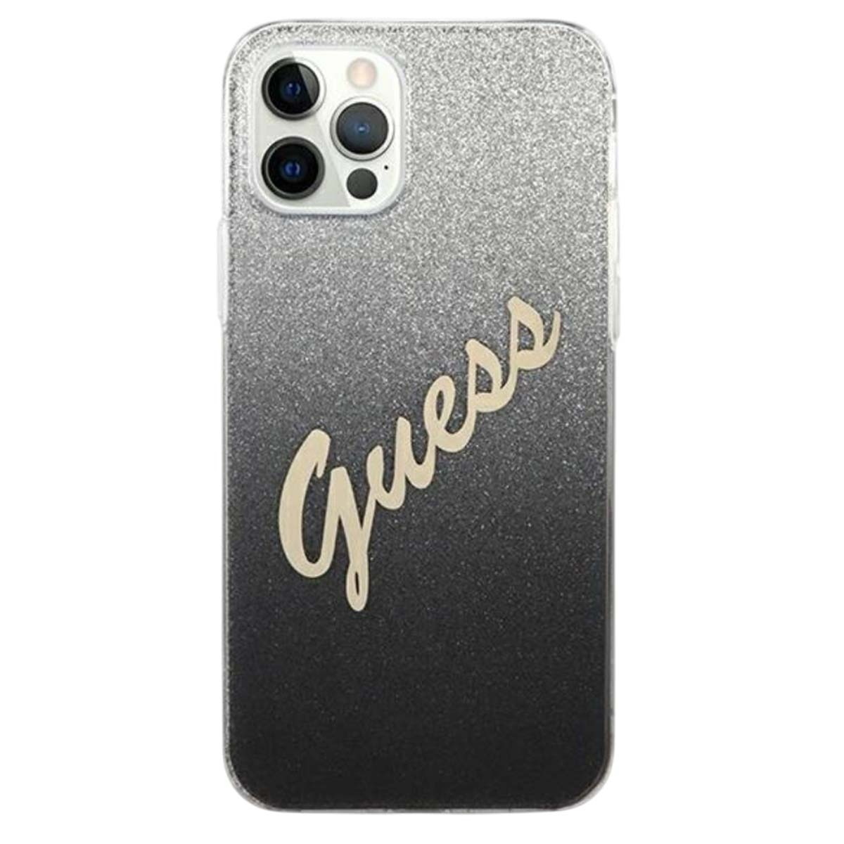 Una custodia per telefono con una sfumatura da argento a nero. Il logo Guess è scritto in corsivo al centro della custodia.