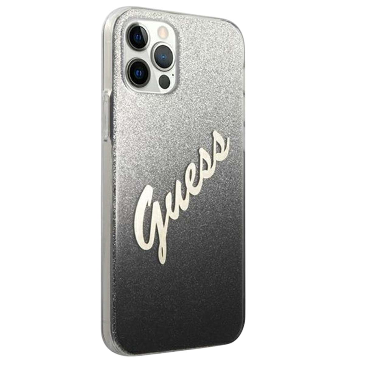 Una custodia per telefono con un design sfumato argento-nero. La parola 'Guess' è scritta in corsivo. Le lenti della fotocamera sono visibili.