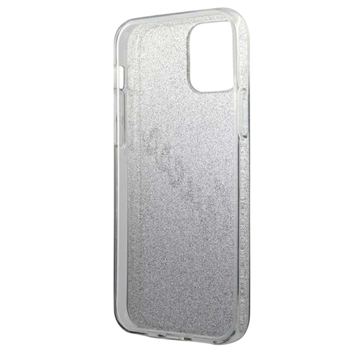 Una custodia trasparente per iPhone con effetto glitter. La custodia ha ritagli per la fotocamera e i pulsanti. Lo sfondo è bianco.