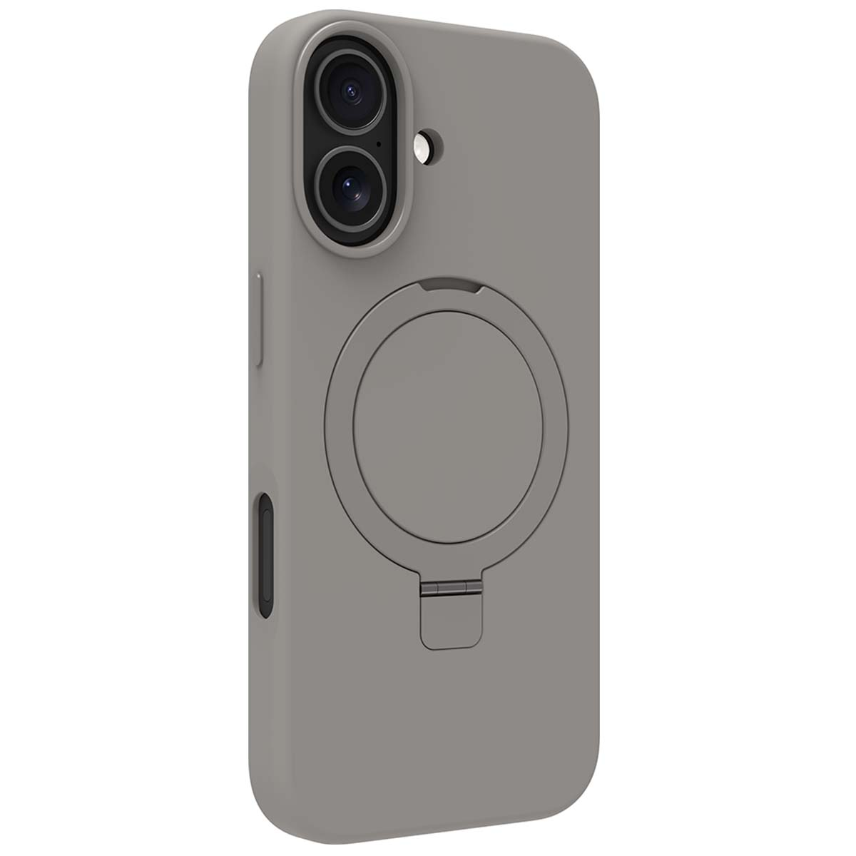 Una custodia grigia per telefono con un'impugnatura/supporto circolare sul retro. Ha un ritaglio per fotocamera a doppia lente.