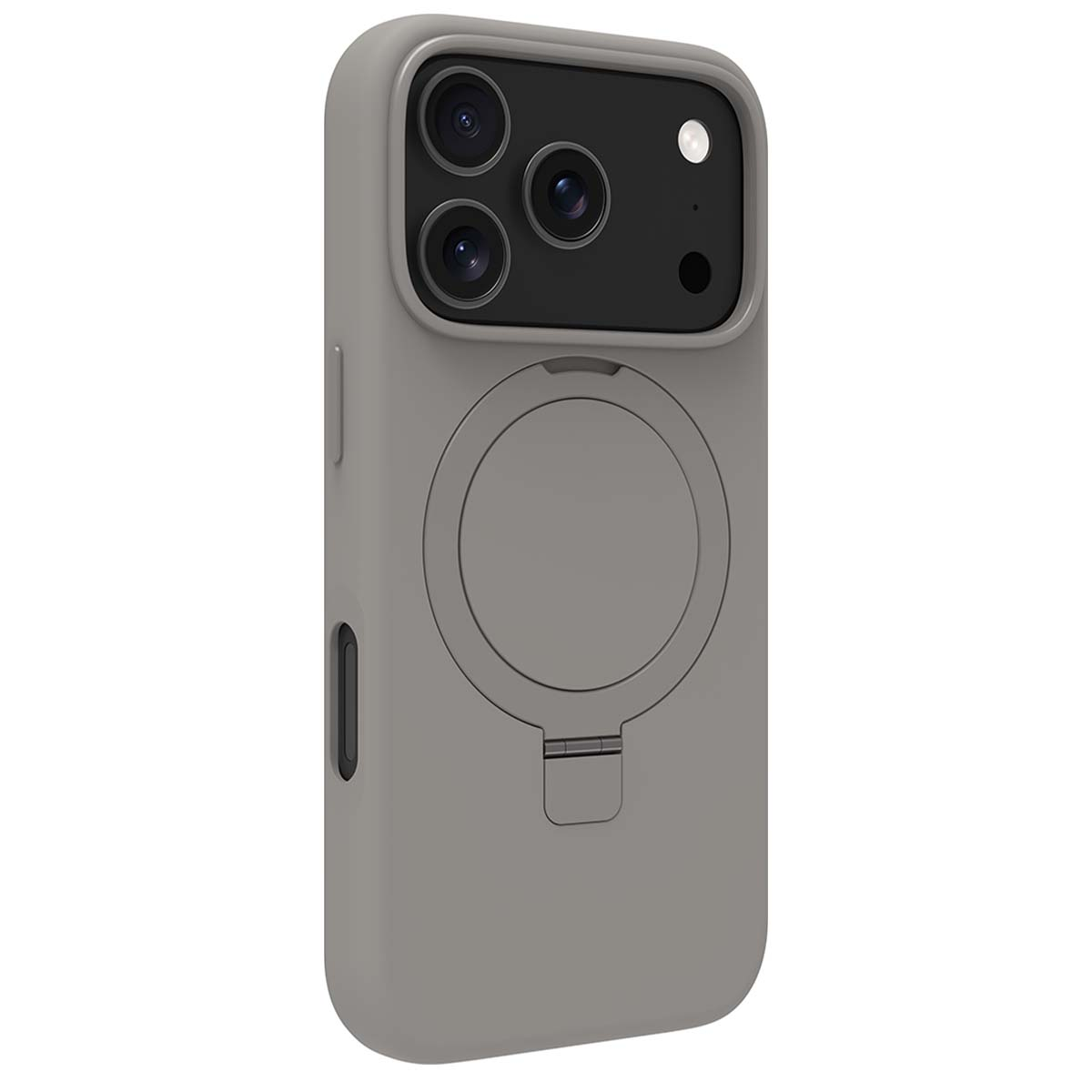 Una custodia grigia per telefono. Ha tre obiettivi della fotocamera e un supporto circolare sul retro. È visibile un piccolo cavalletto.