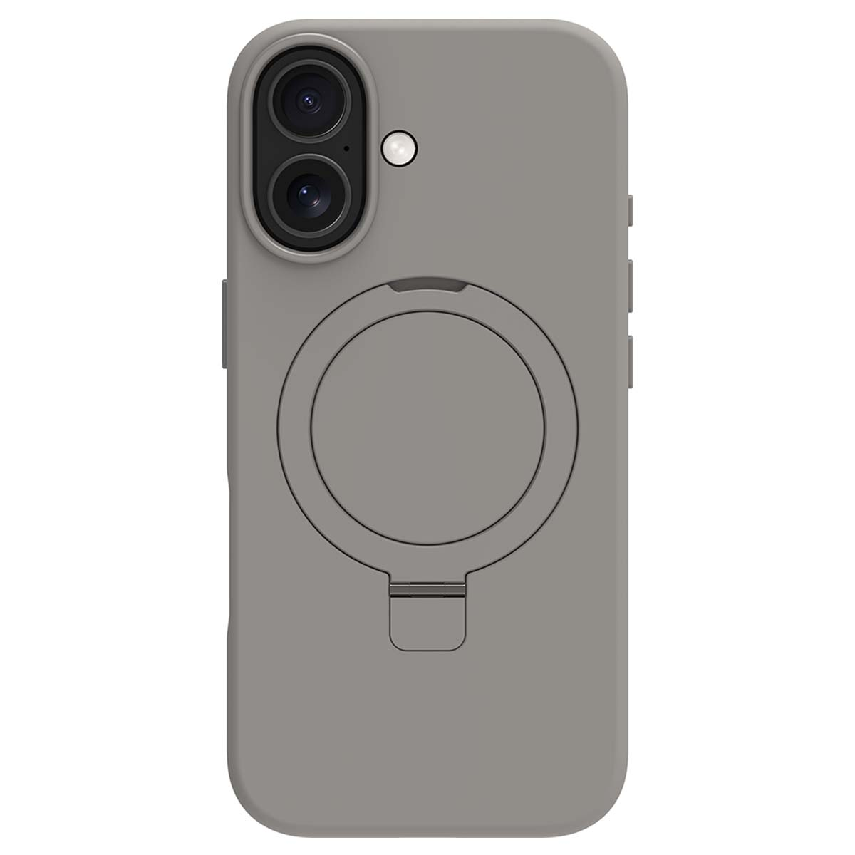 Una custodia grigia per telefono con ritaglio per fotocamera, supporto ad anello e pulsanti laterali. La custodia è di colore grigio pieno, con una superficie liscia.