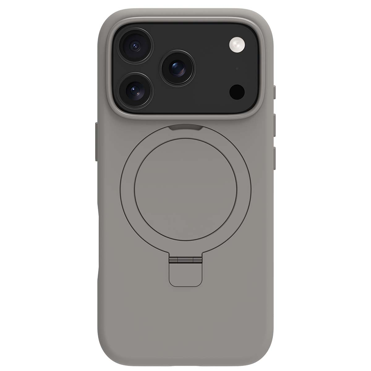 Una custodia grigia per telefono con un design circolare e lenti della fotocamera. La custodia ha un supporto integrato ed è progettata per uno smartphone.