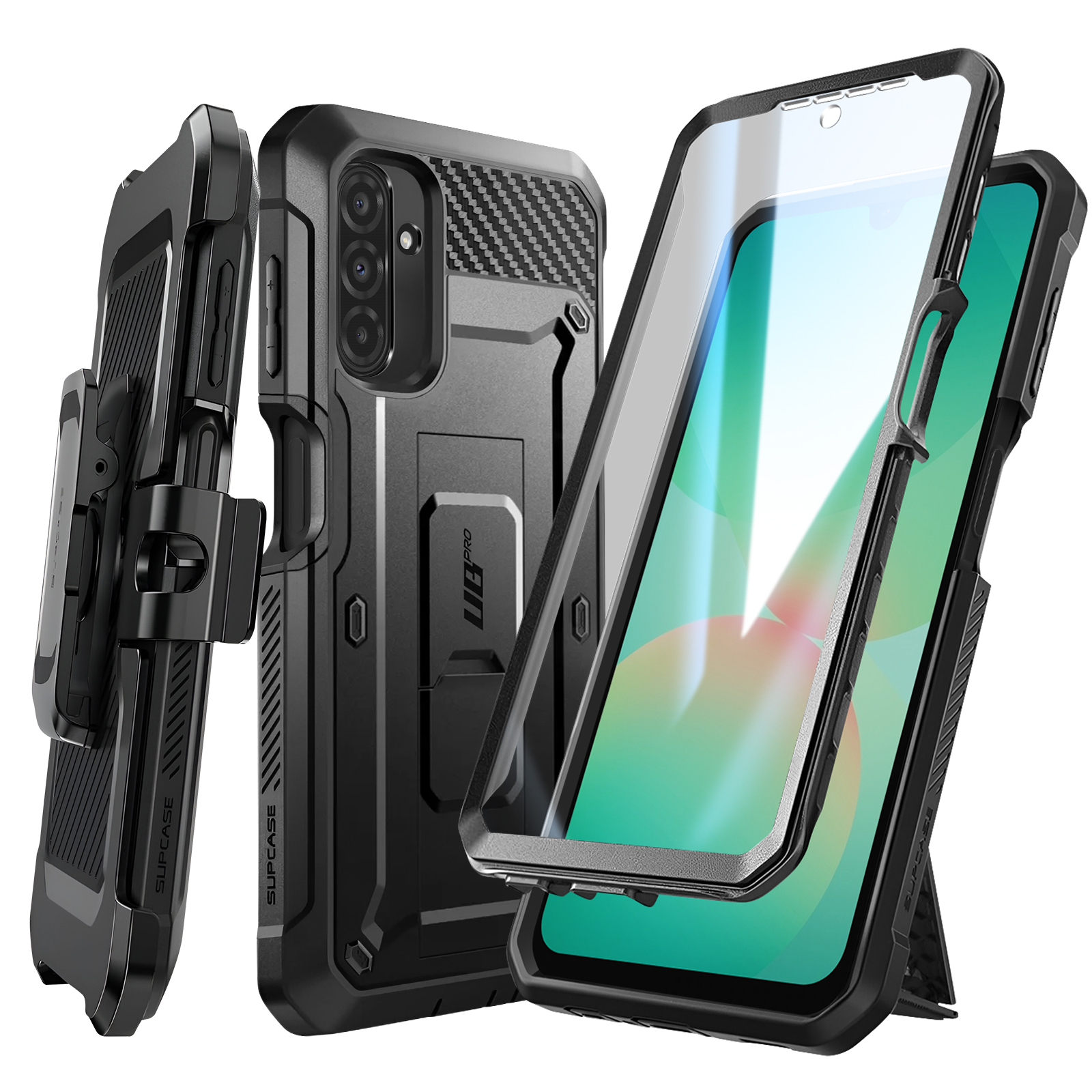 Schwarzes Handyhüllen-Set, einschließlich Holster und Displayschutz, mit Karbonfaser-Design auf der Rückseite.