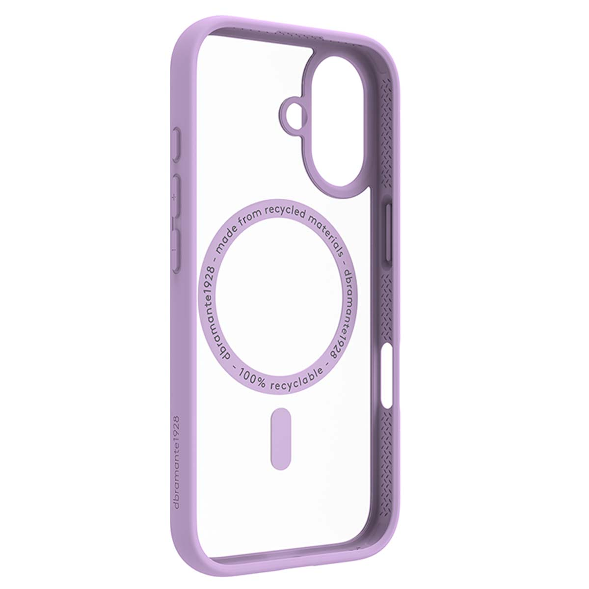 Una custodia trasparente per telefono con cornice viola. Dice "realizzato con materiali riciclati" e "100% riciclabile".