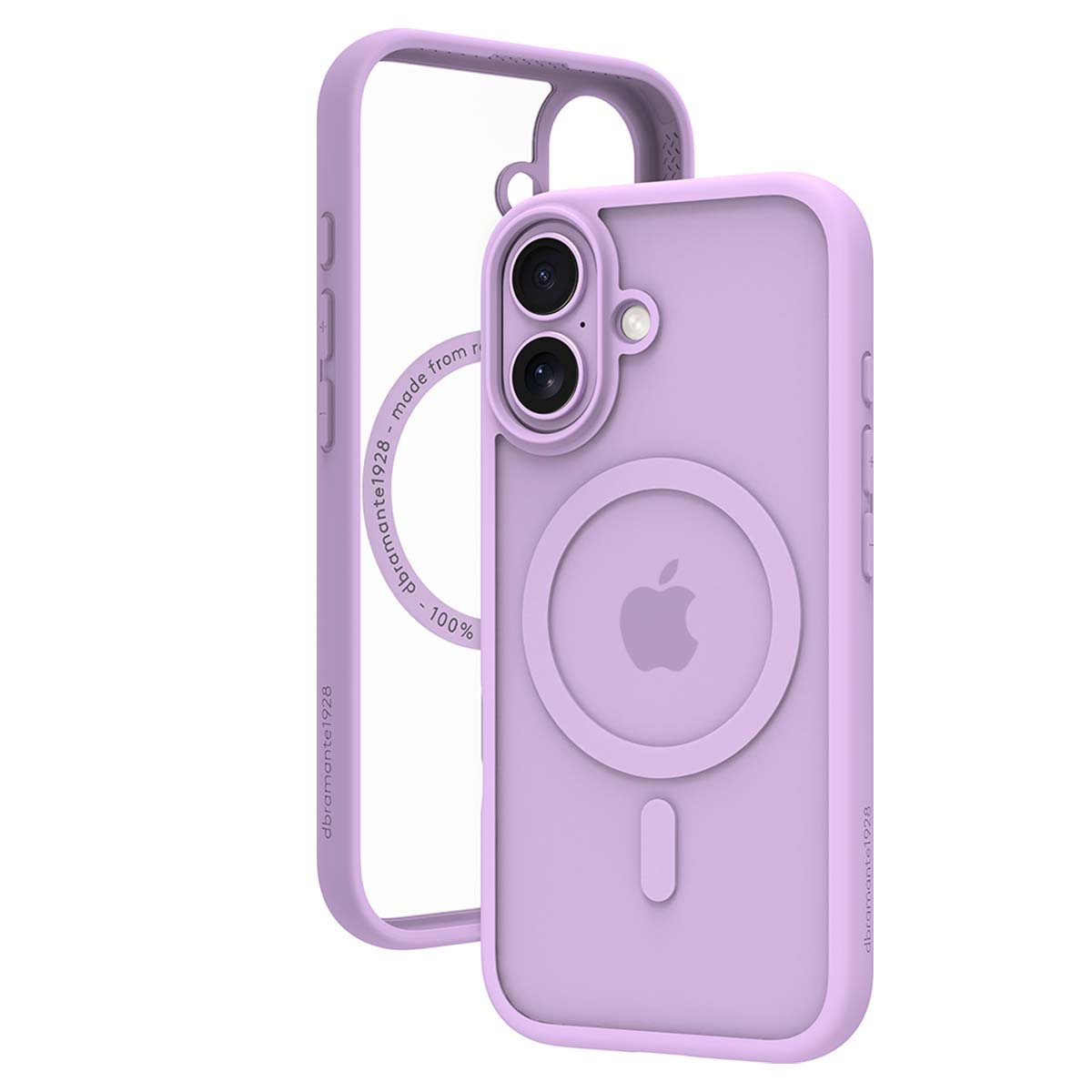 Due custodie per telefono, una trasparente e una lavanda, con il logo Apple sul retro. Le custodie sono in plastica.