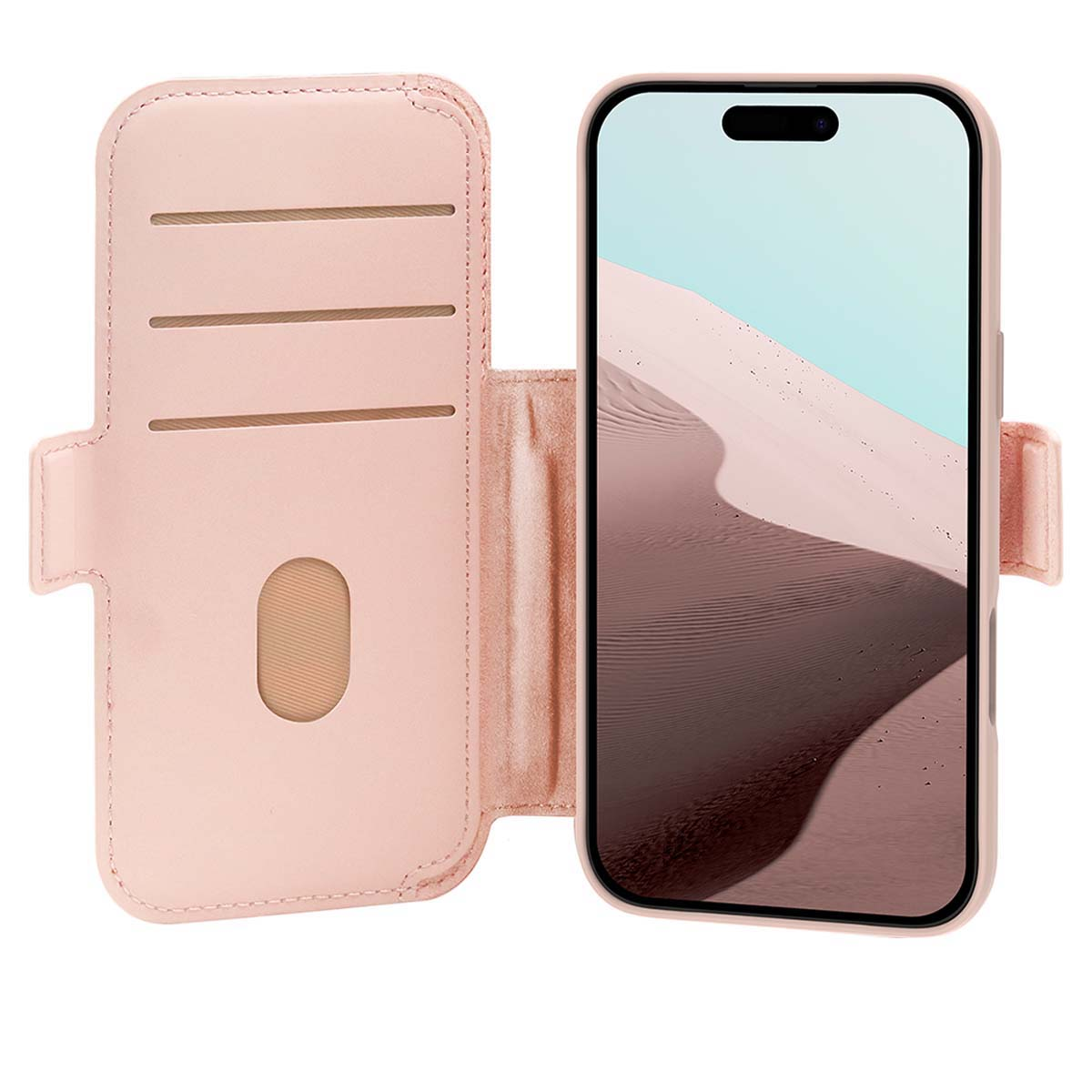 Un étui de téléphone rose avec un téléphone à l'intérieur, avec un paysage désertique sur l'écran, l'étui est ouvert.