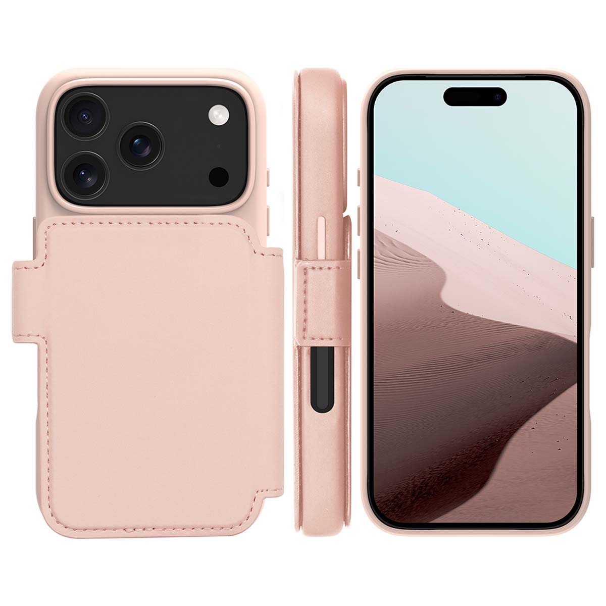 Un étui de téléphone rose avec une section portefeuille et un téléphone. L'écran du téléphone affiche un paysage désertique.