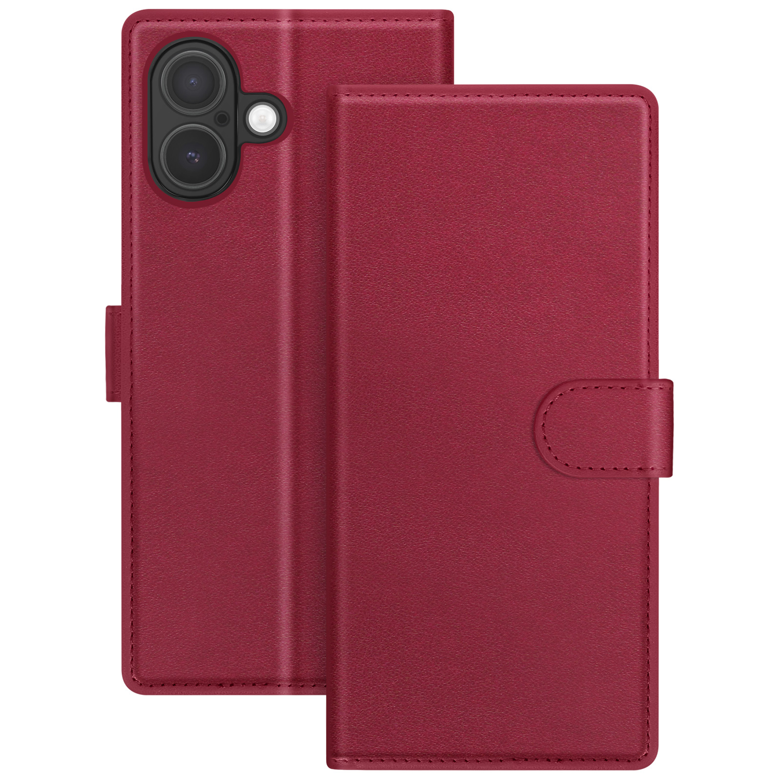 Un étui de téléphone rouge est ouvert. L'étui a une découpe pour l'appareil photo et une fermeture magnétique.