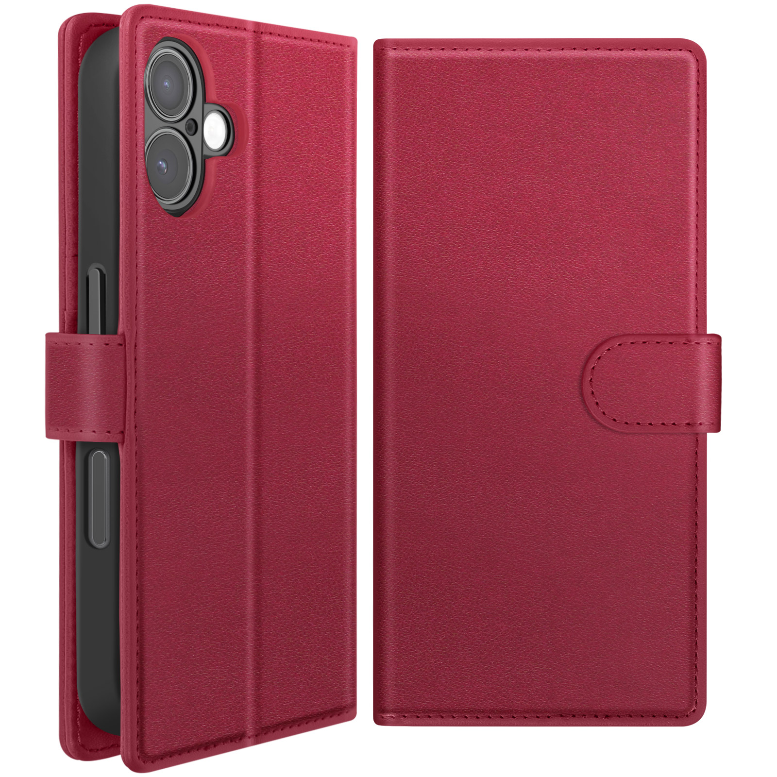 Étui de téléphone rouge, ouvert. Montre un téléphone avec des lentilles d'appareil photo. L'étui est fermé à droite avec un fermoir.