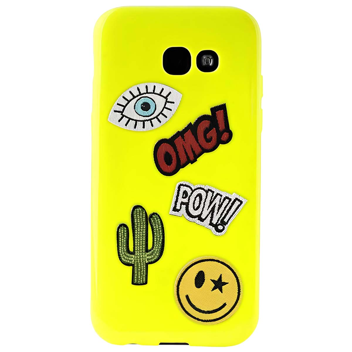Una funda amarilla para teléfono con parches: ojo, cactus, "¡OMG!", "¡POW!" y una carita sonriente con ojo de estrella.