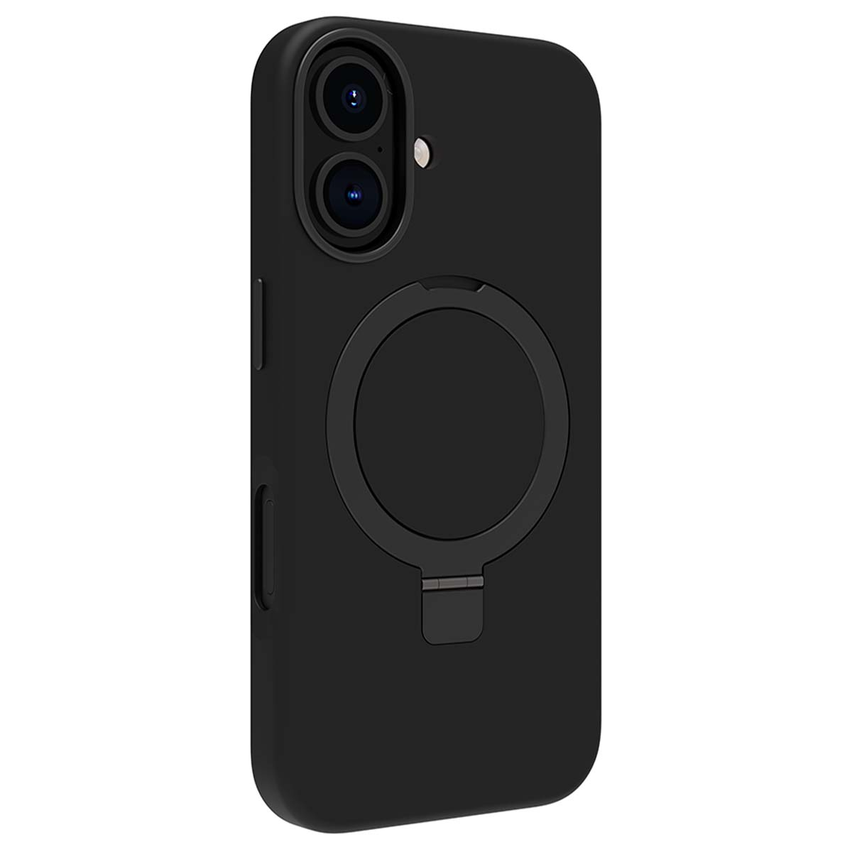 Custodia nera per telefono con fori per fotocamera e supporto ad anello circolare. La custodia ha una texture liscia e una finitura opaca.