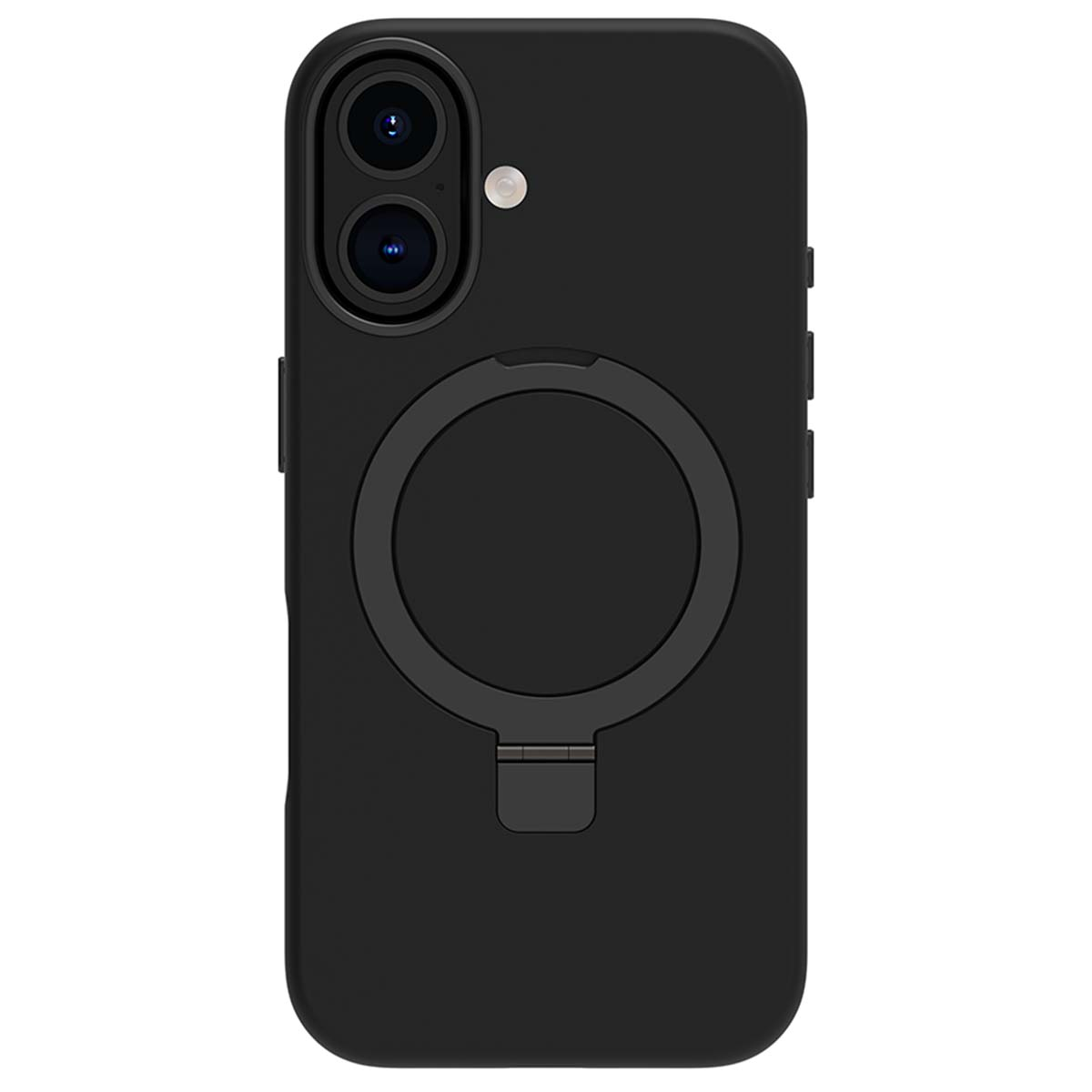 Una custodia nera per telefono con supporto circolare. Ha un ritaglio per la fotocamera e un anello rialzato sul retro.