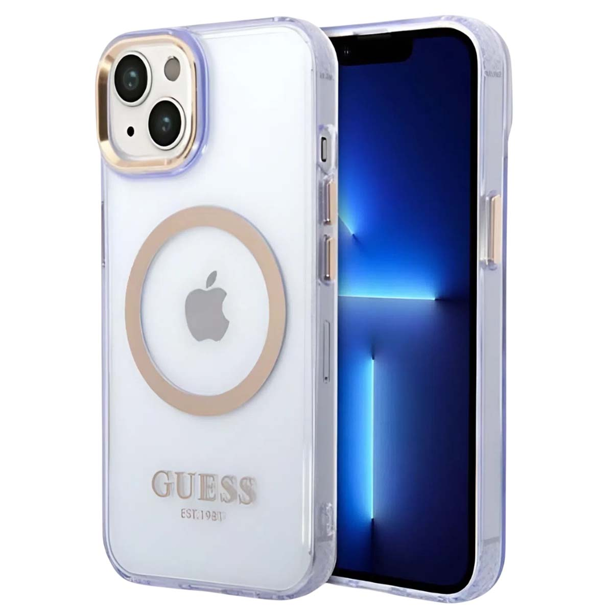 Custodia trasparente con logo Guess e logo Apple. Il telefono ha uno schermo blu.