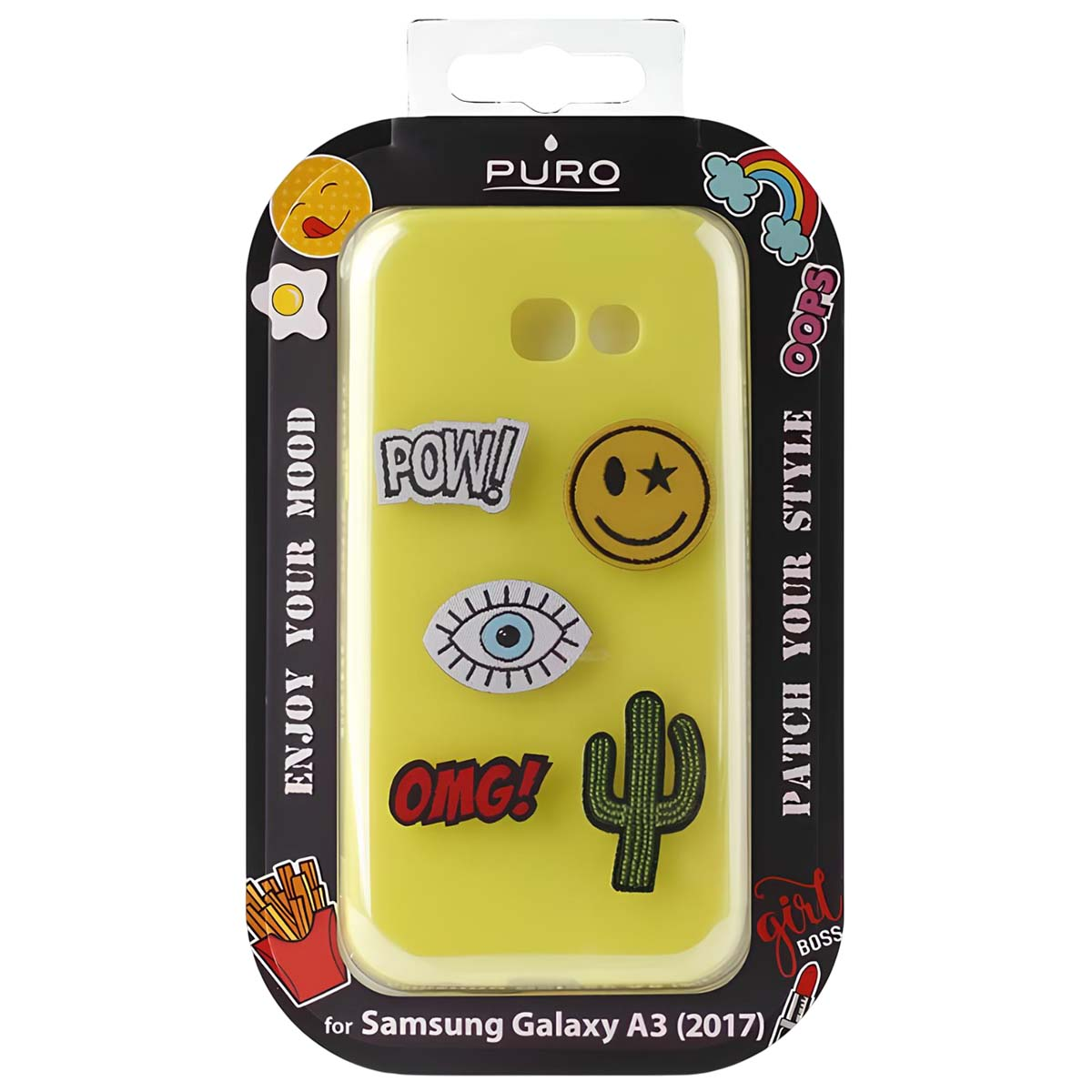 Funda de teléfono amarilla con parches. Incluye una carita sonriente, un ojo, un cactus y el texto 'OMG!'. Es para un Samsung Galaxy A3.