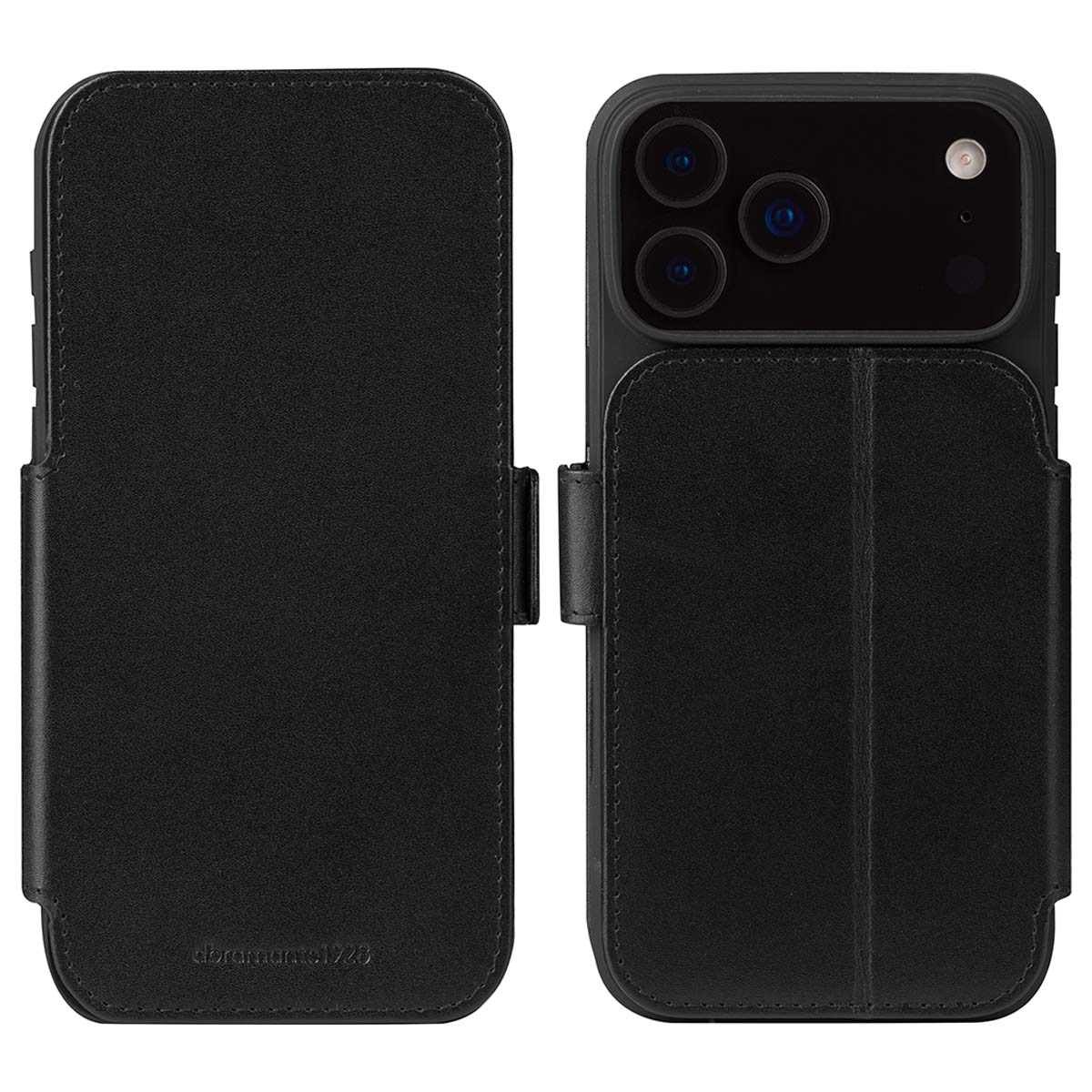 Custodia per telefono nera con cover a ribalta e chiusura magnetica. Il telefono è dentro.