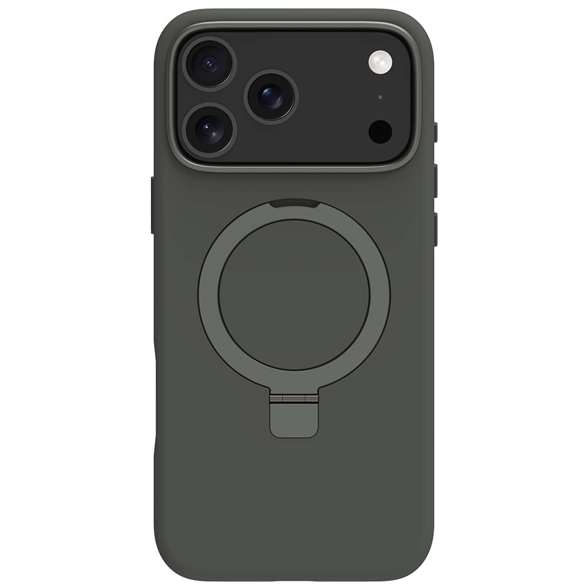 Una custodia per telefono grigio scuro con tre obiettivi, un flash e un supporto ad anello.