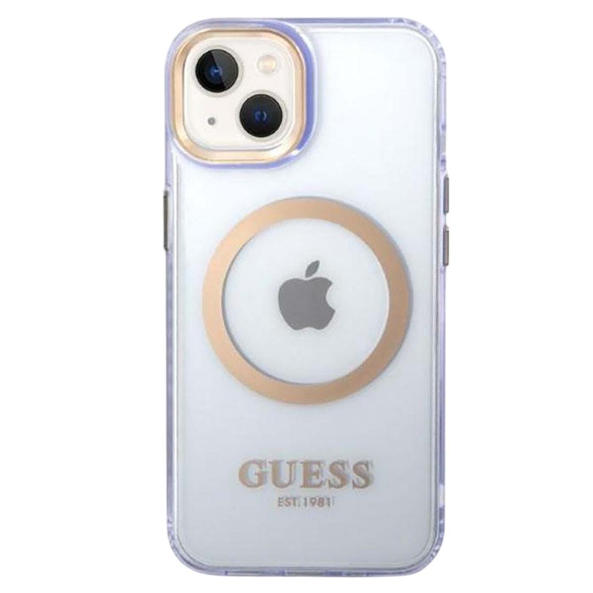 Custodia trasparente con dettagli dorati. Loghi Apple e Guess visibili. La custodia è per un iPhone.