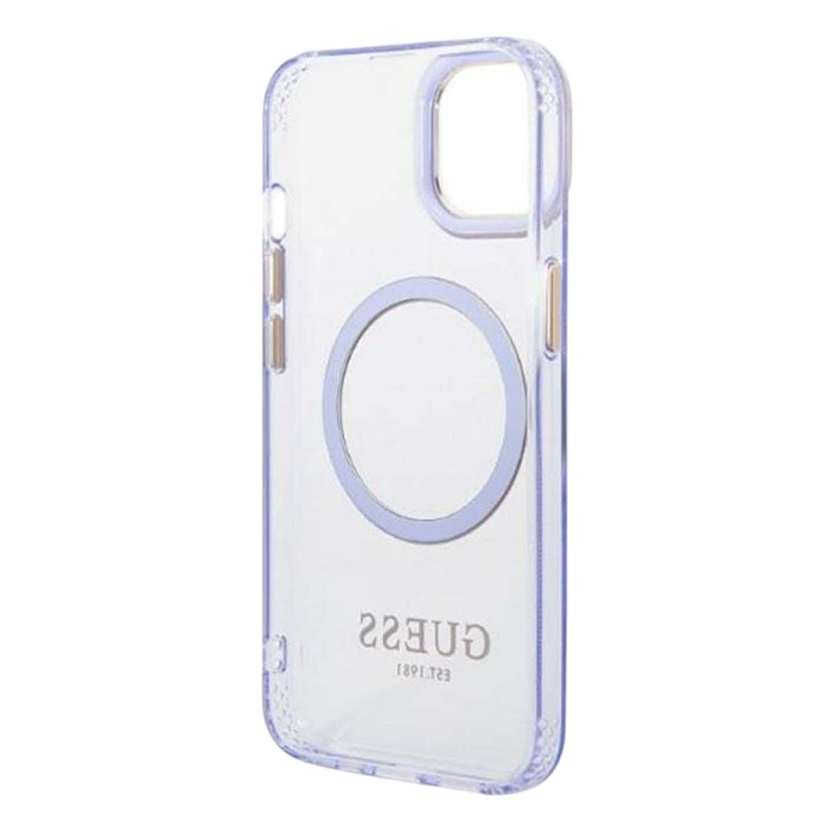 Una custodia trasparente per telefono Guess con un accento circolare e il logo Guess in basso. La custodia ha un ritaglio per la fotocamera.