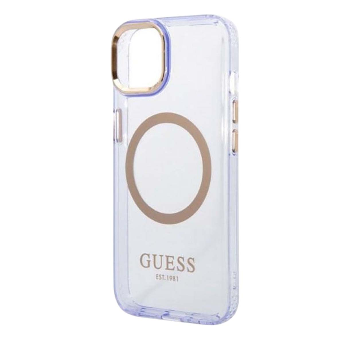Custodia trasparente per telefono con dettagli oro. Logo Guess in basso. Anello dorato intorno alla fotocamera. Cerchio dorato al centro.