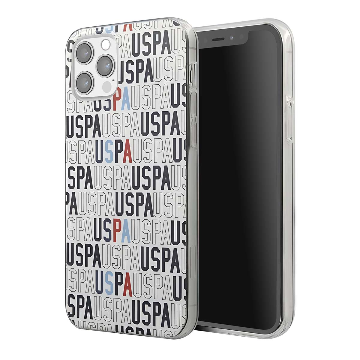 Uno smartphone in una custodia trasparente. La custodia ha uno sfondo bianco con testo nero ripetuto. Alcune lettere sono rosse e blu.