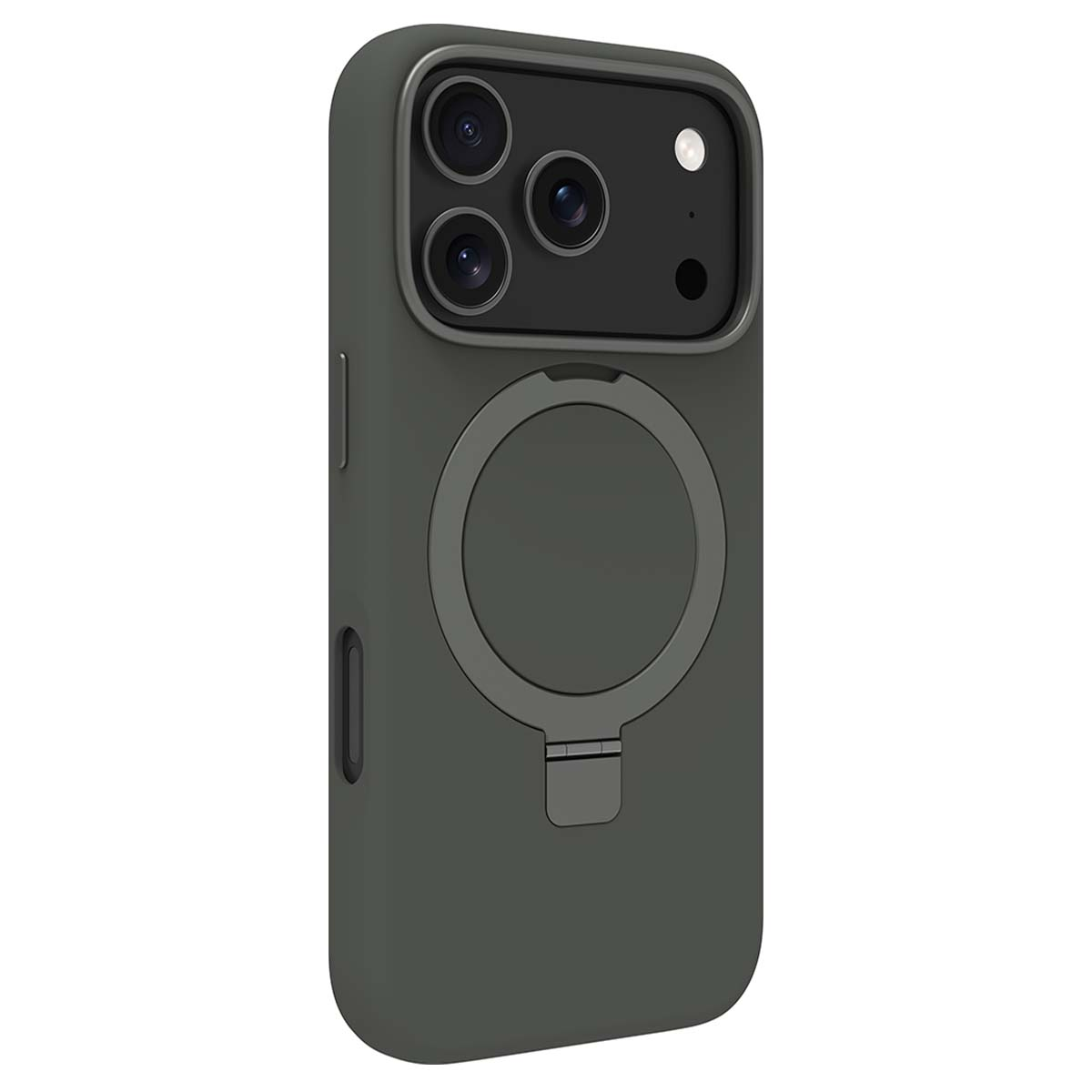 Una custodia per telefono verde scuro con tre obiettivi e un attacco magnetico circolare sul retro.