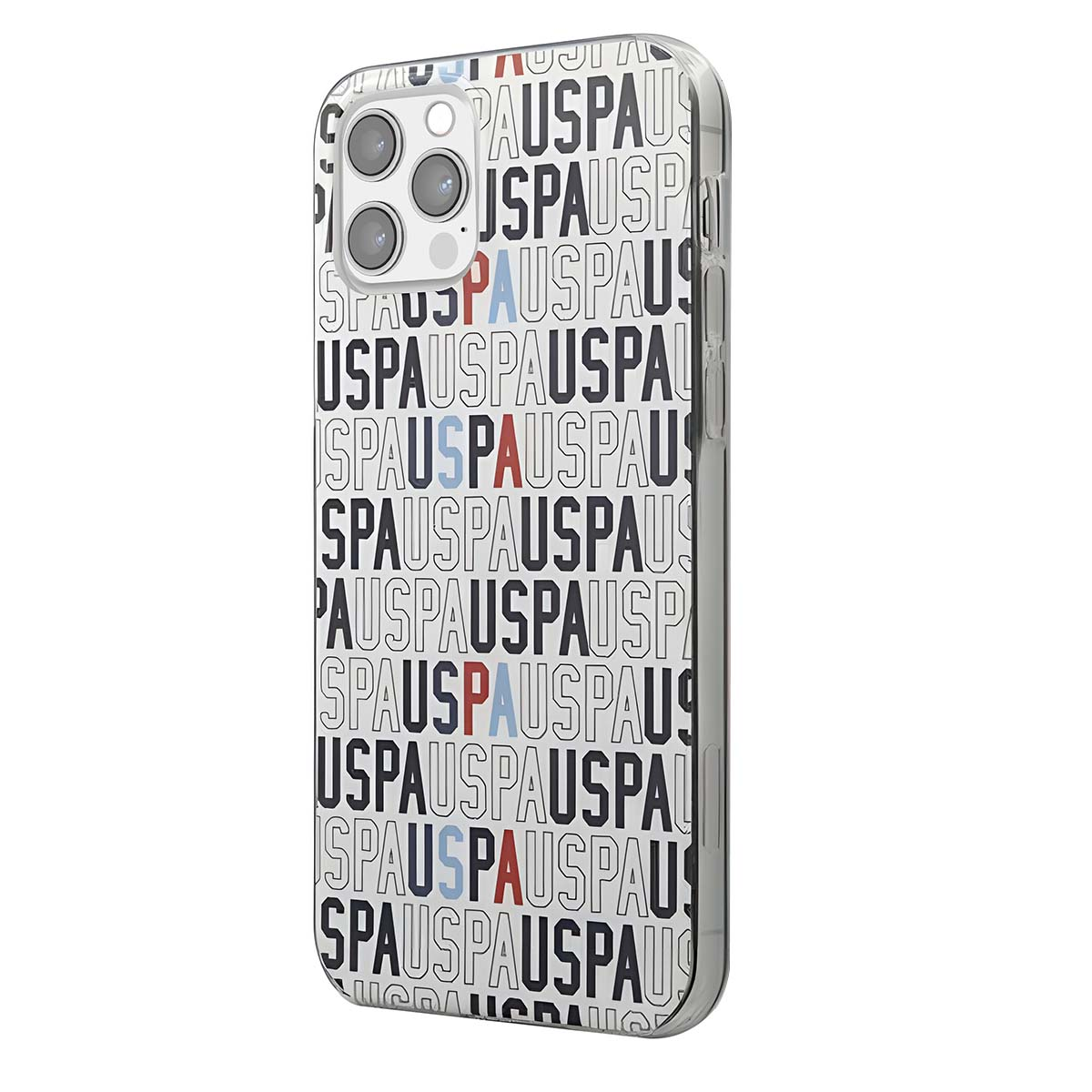 Una custodia per telefono con il logo USPAUS ripetuto. Il logo è nero, rosso e blu. Il telefono ha tre fotocamere.