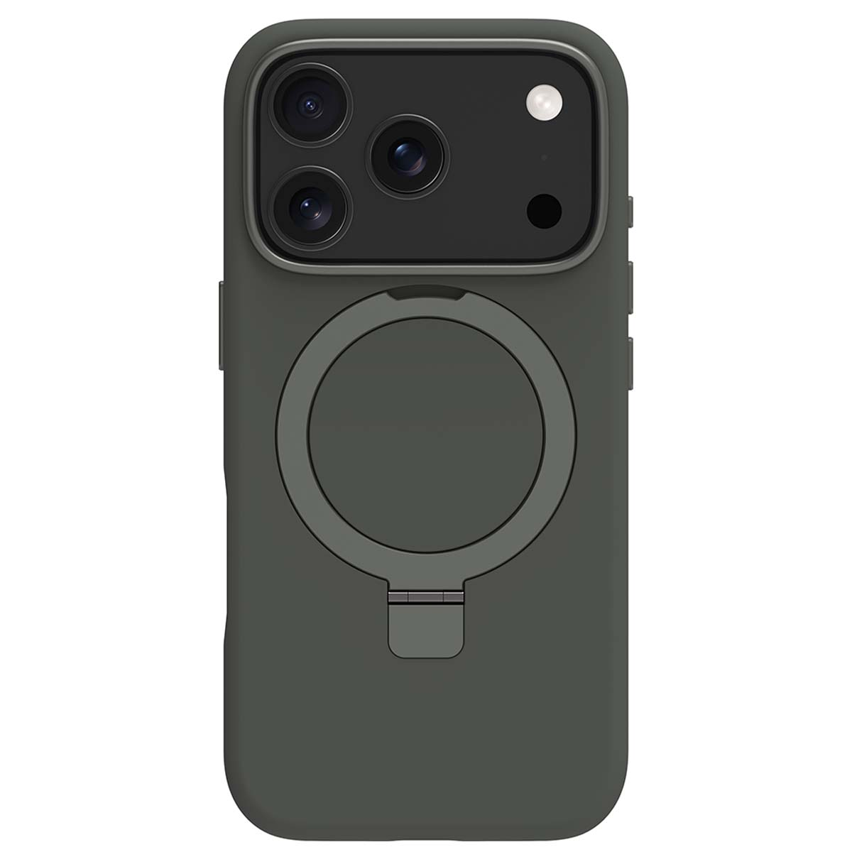 Custodia per telefono grigio scuro con modulo fotocamera, supporto ad anello e piccolo supporto.