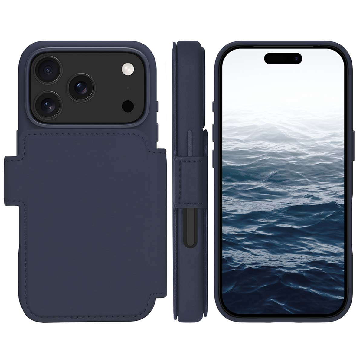 Custodia per telefono blu navy con portafoglio. Il telefono mostra un paesaggio marino. La custodia ha un ritaglio per la fotocamera e una chiusura magnetica.