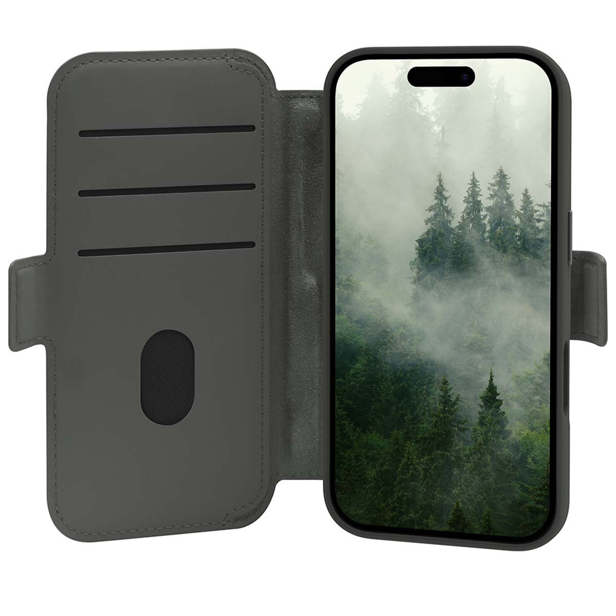 Custodia per telefono aperta con un telefono che mostra una foresta nebbiosa. La custodia è grigia con fessure per carte. Il telefono è nero con schermo scuro.