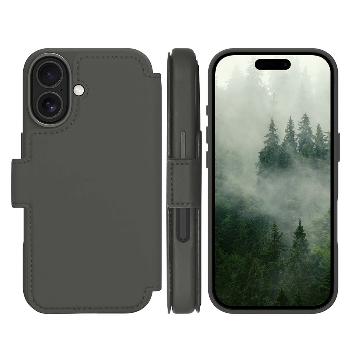 Una custodia grigia per telefono con una scena di foresta sullo schermo. La custodia è aperta, mostrando il retro e il lato.
