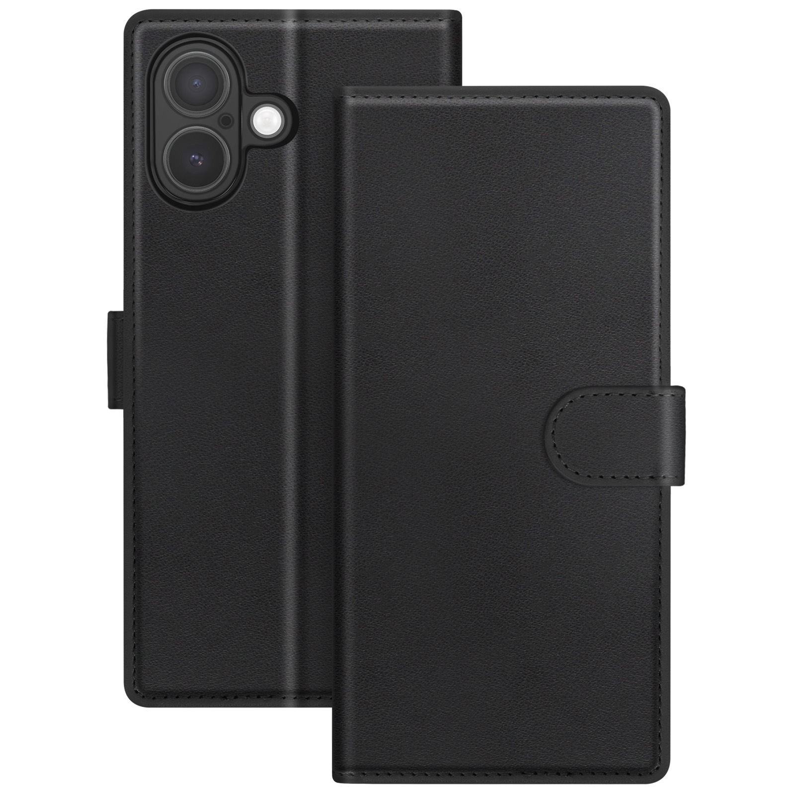 Un étui de téléphone noir, ouvert pour révéler le téléphone. L'étui est en cuir et possède une fermeture magnétique.