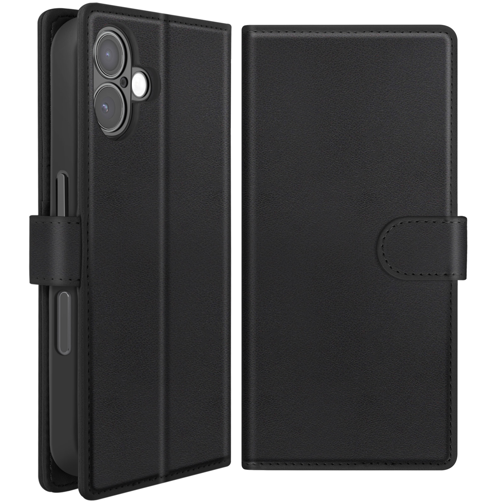 Étui de téléphone noir avec un design portefeuille. Il est ouvert, montrant le téléphone et l'intérieur, sur fond blanc.