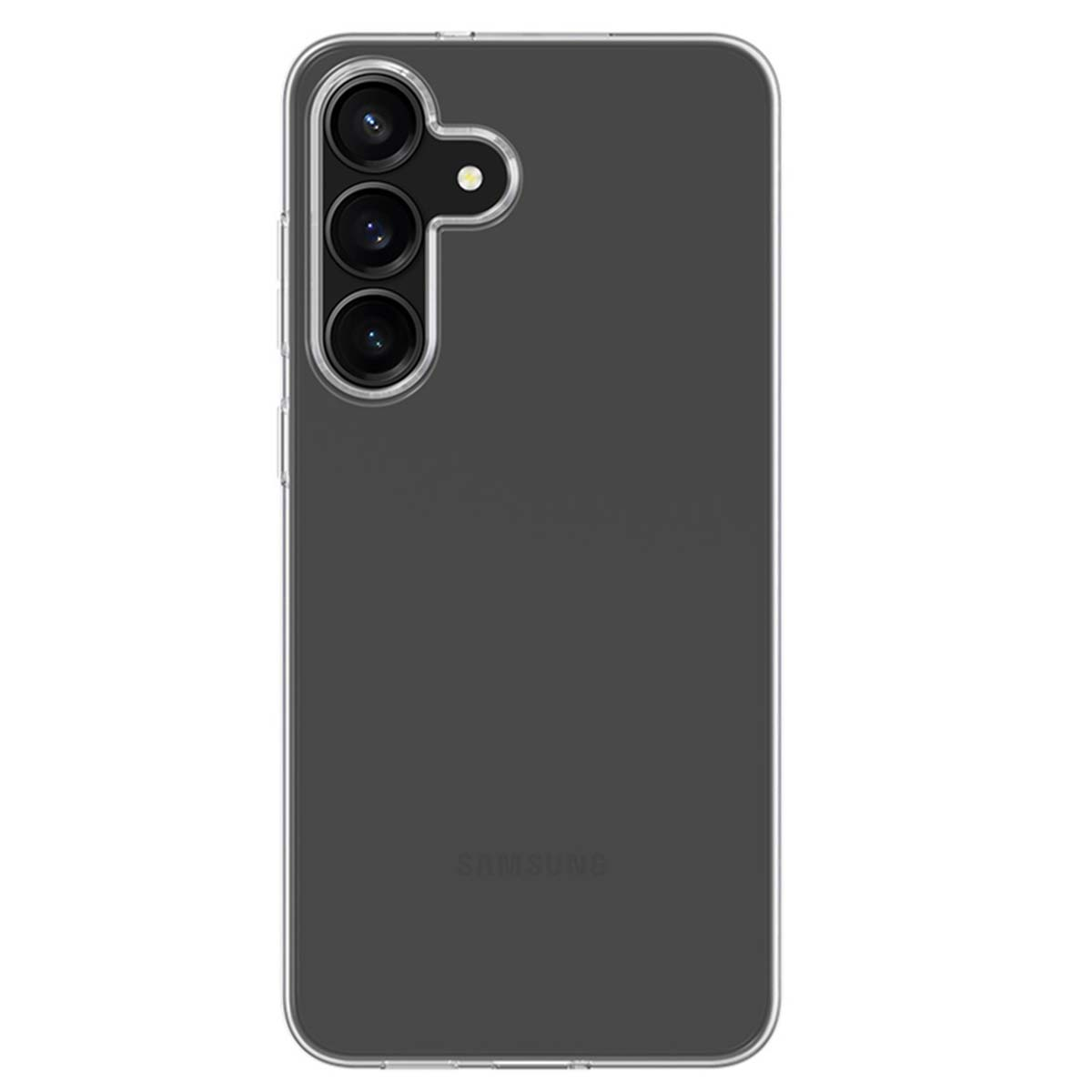 Una custodia per telefono grigio scuro, bordi trasparenti, con tripla fotocamera e flash in alto a sinistra. Logo Samsung in basso.
