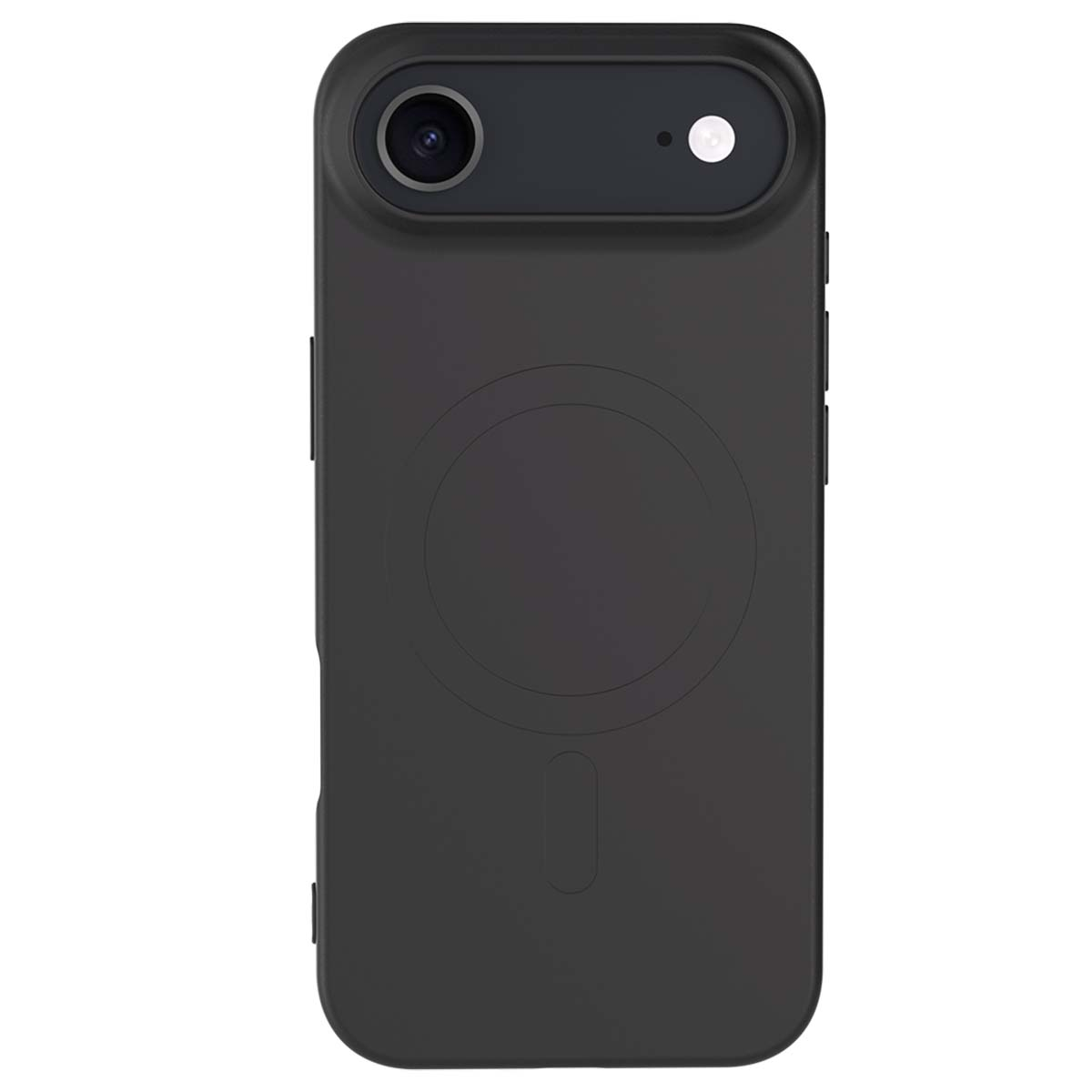 Una custodia per telefono grigio scuro con fotocamera e flash in alto. Un cerchio e una linea verticale al centro.