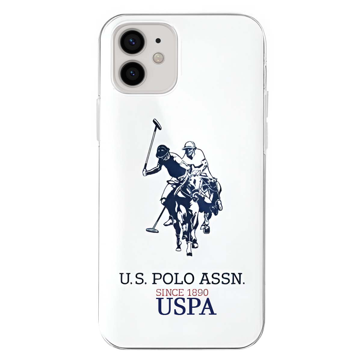 Custodia per telefono con logo U.S. Polo Assn. Ha un'immagine di un giocatore di polo su sfondo bianco. Il telefono è visibile.