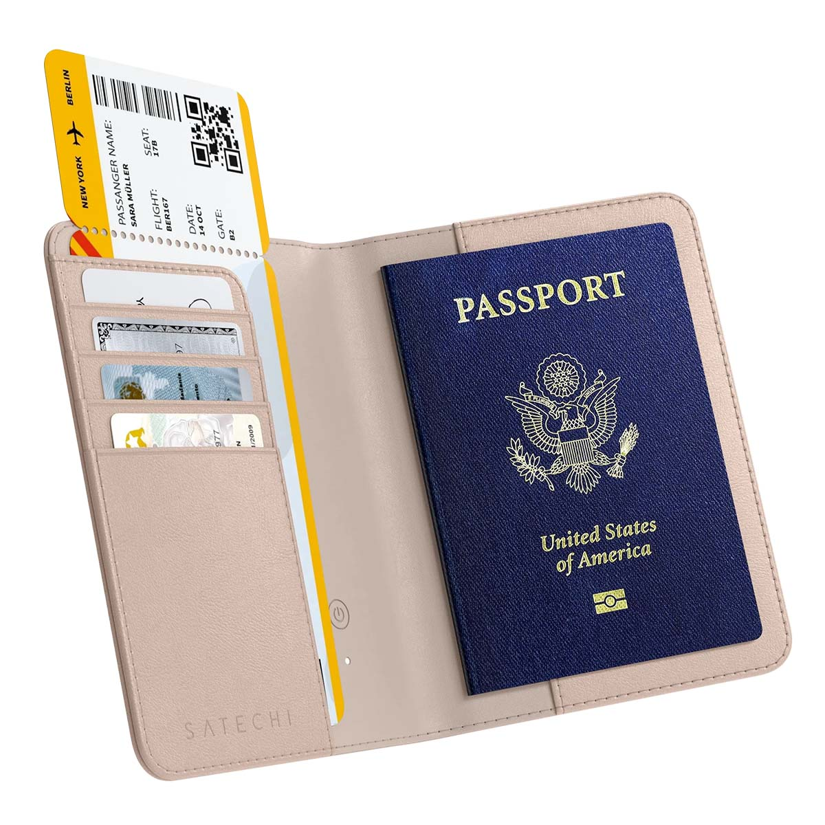 Un passaporto e una carta d'imbarco in un portafoglio rosa chiaro. Il passaporto è blu e la carta d'imbarco gialla e bianca.