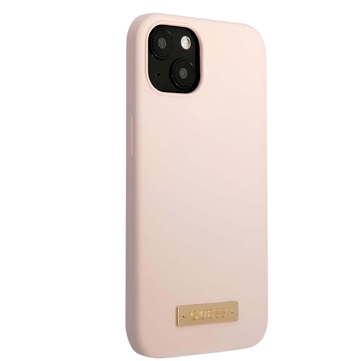 Una custodia rosa per telefono con logo Guess dorato. Ha doppie fotocamere e un design elegante.
