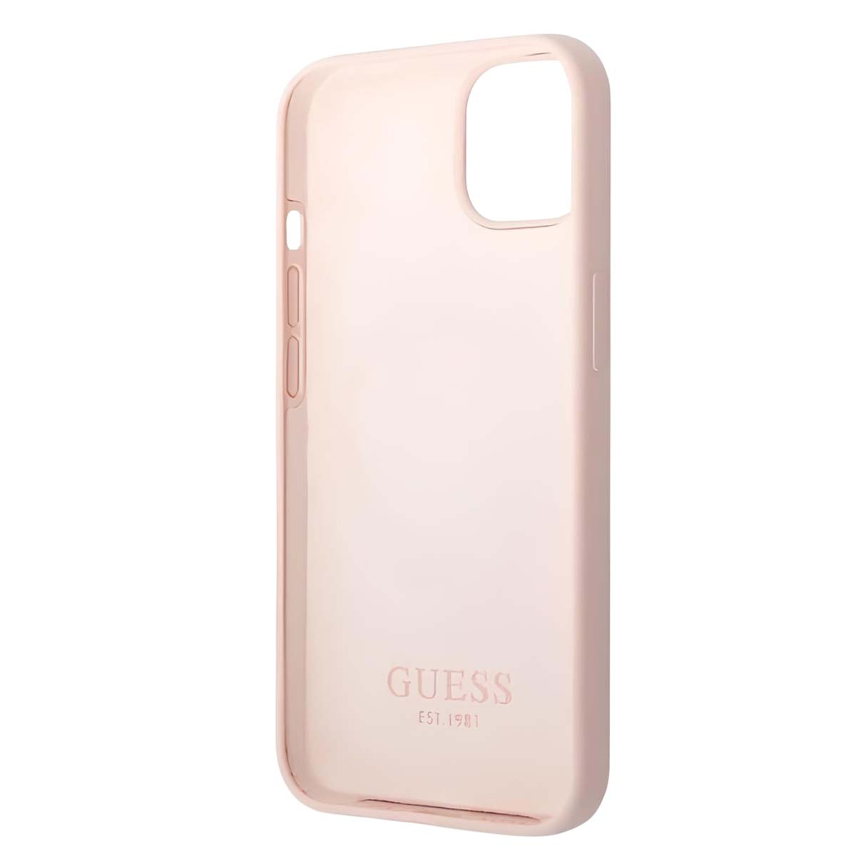 Una custodia per telefono rosa chiaro con il logo Guess. Ha ritagli per la fotocamera e i pulsanti. La custodia è di colore pieno.