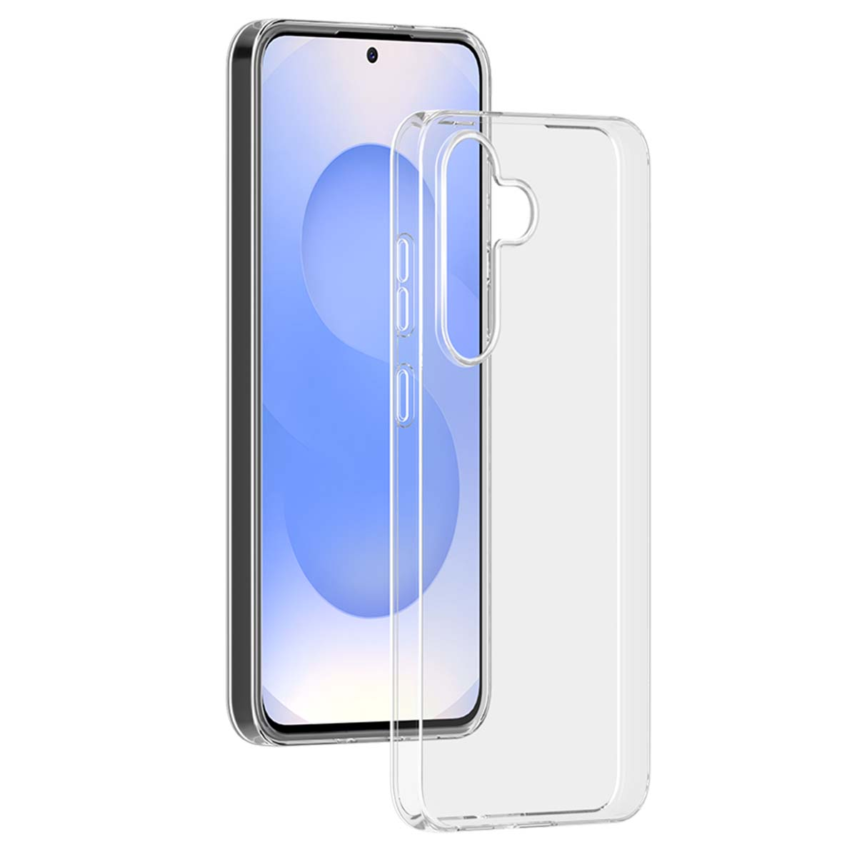 Uno smartphone con una custodia protettiva trasparente. Lo schermo del telefono mostra un design astratto blu chiaro e bianco.
