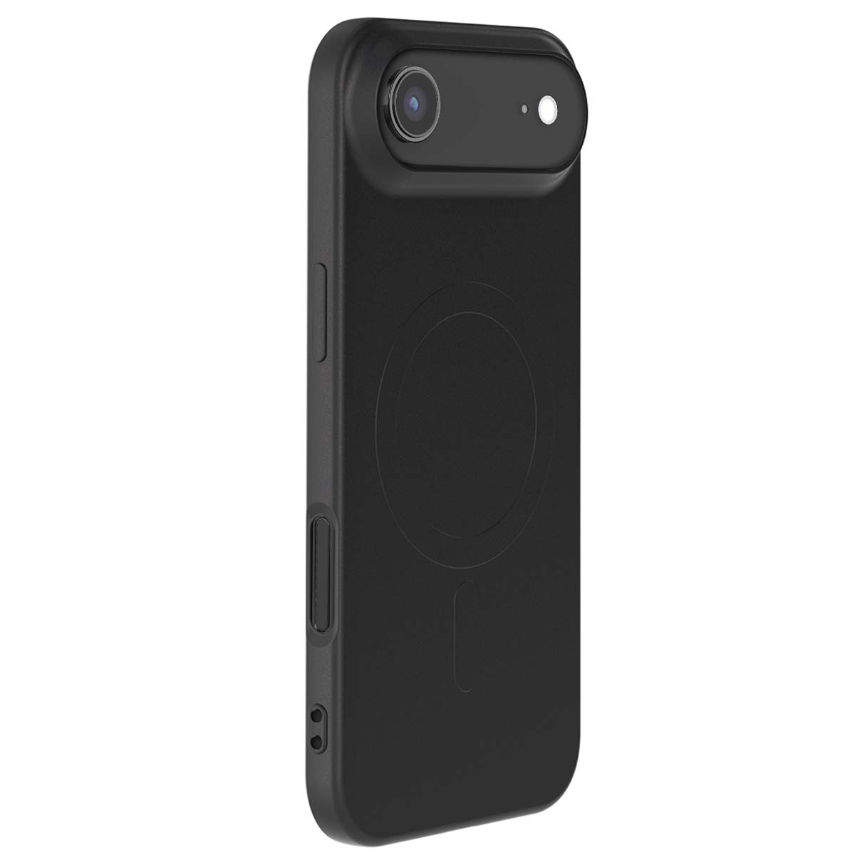 Una custodia nera per telefono con ritaglio per fotocamera, design circolare e pulsanti laterali.