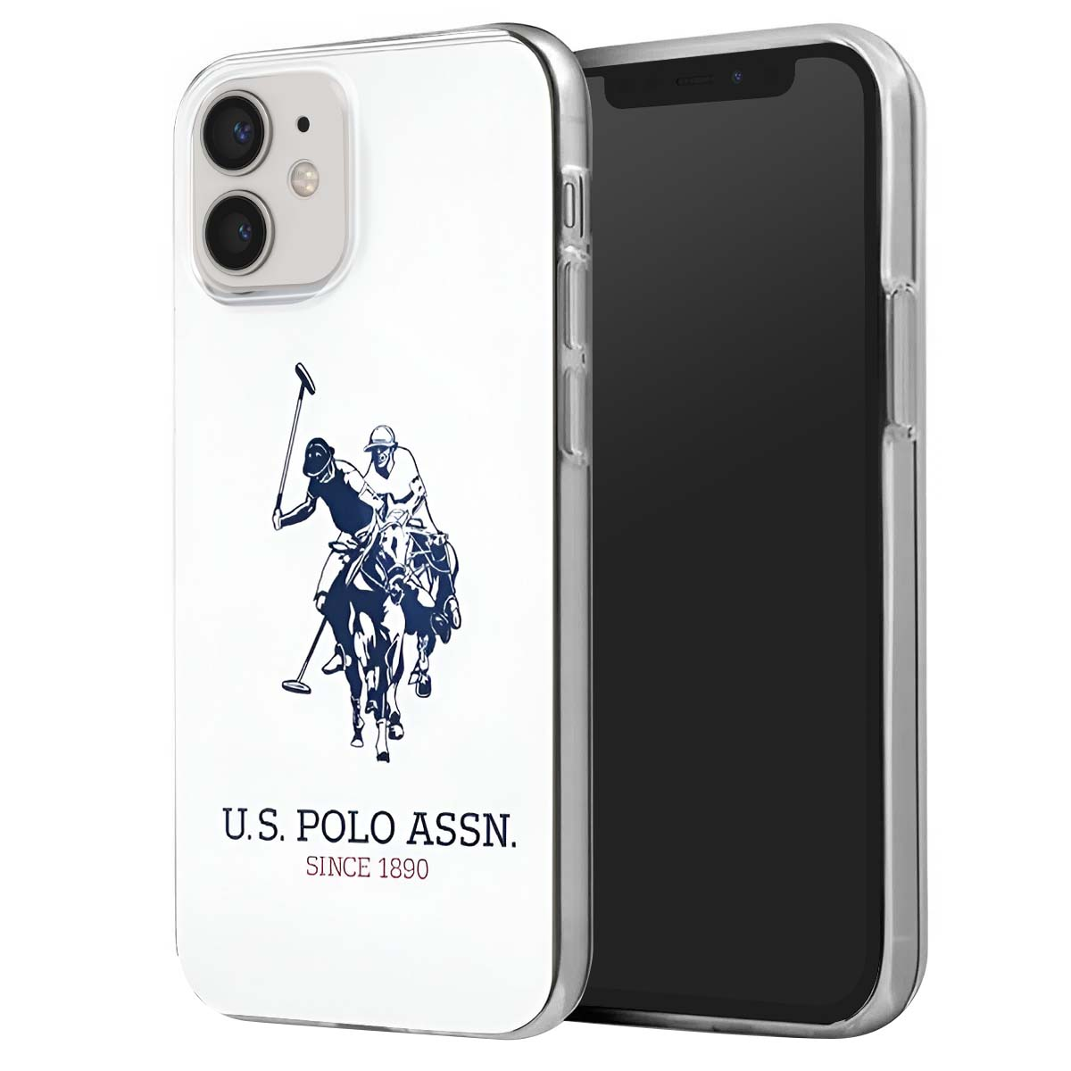 Un telefono in una custodia. La custodia ha un logo di un giocatore di polo e la scritta "U.S. POLO ASSN. SINCE 1890". Lo schermo del telefono è nero.