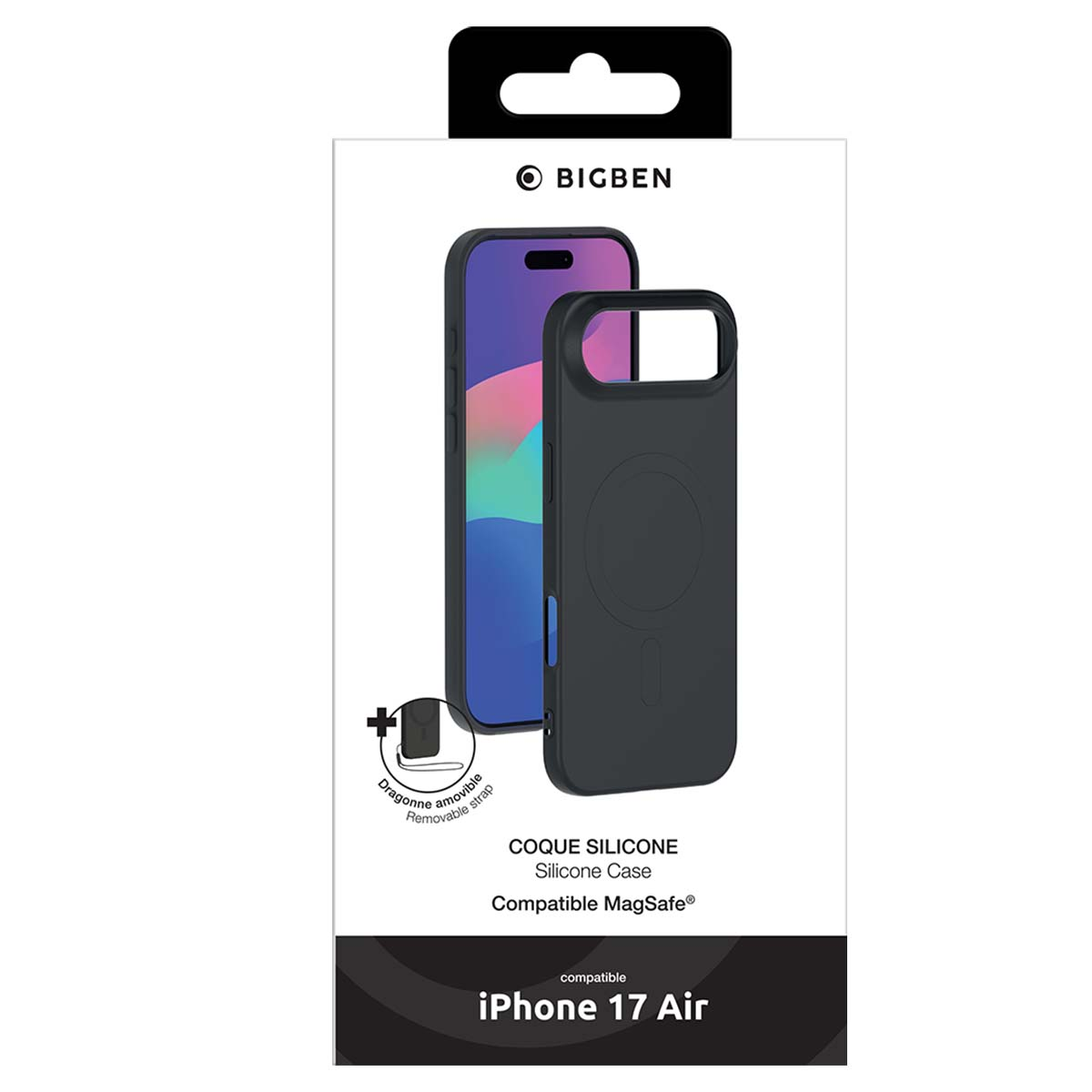 Una scatola di custodia per telefono. Mostra un telefono all'interno di una custodia in silicone nero. Testo: Custodia in silicone, compatibile MagSafe, iPhone 17 Air.