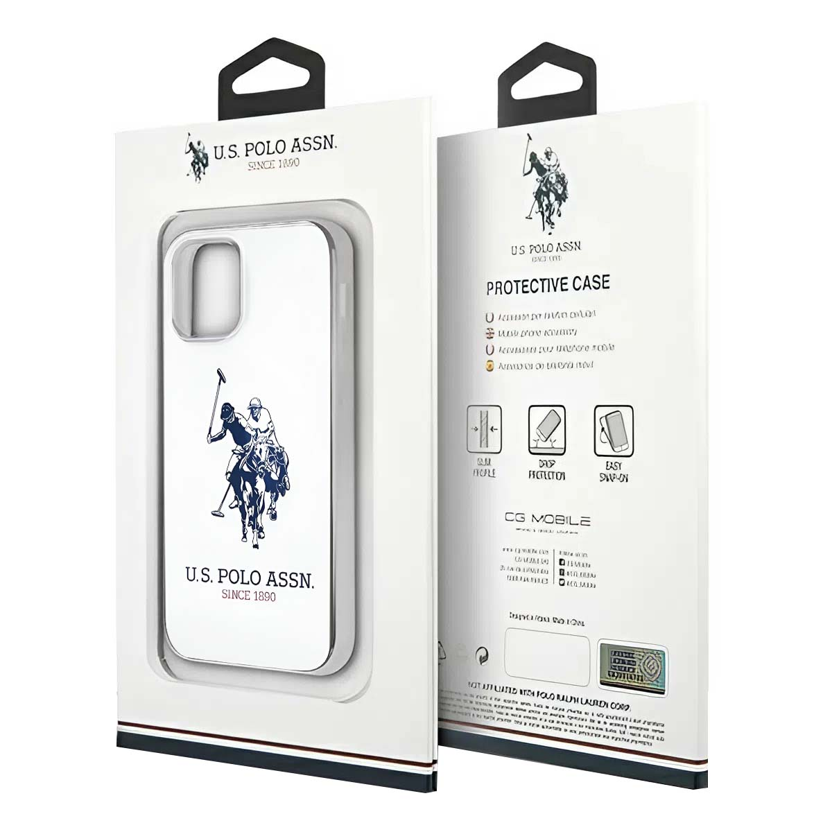 Una custodia per telefono in una scatola bianca. La custodia ha un logo di giocatore di polo, la scatola dice U.S. Polo Assn. e Protective Case.