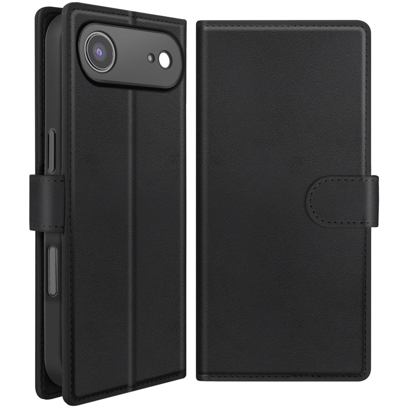 Custodia per telefono in pelle nera, aperta per rivelare il telefono. Dettagli della fotocamera e dei pulsanti visibili. Il lato chiuso mostra la chiusura.