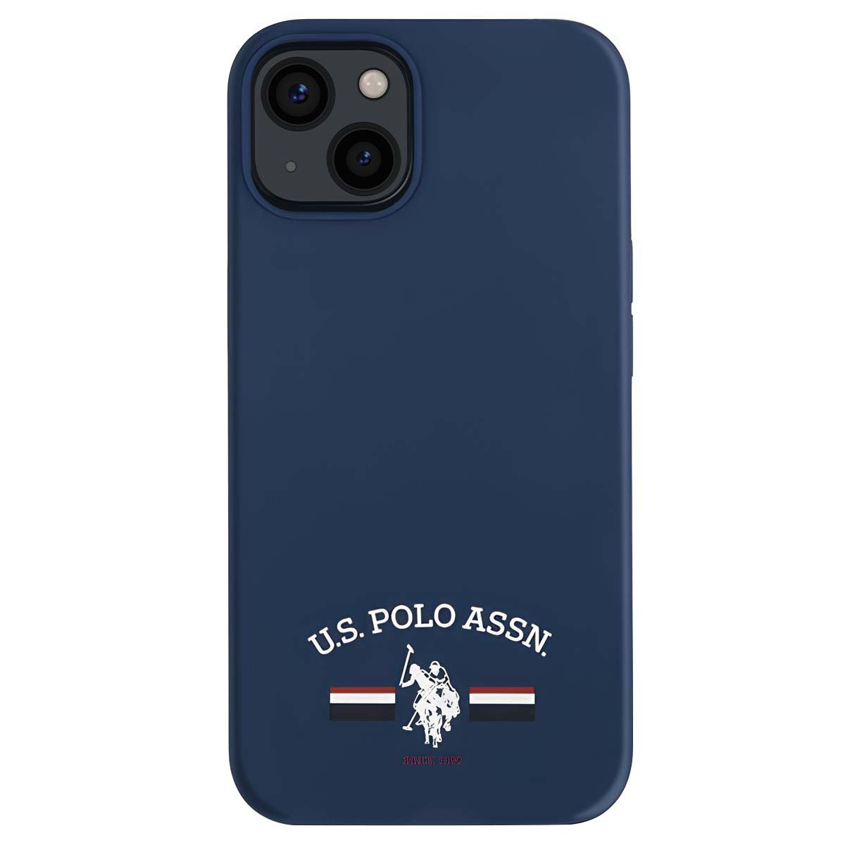 Una custodia blu navy con il logo U.S. Polo Assn. Presenta un giocatore di polo e il marchio in bianco.