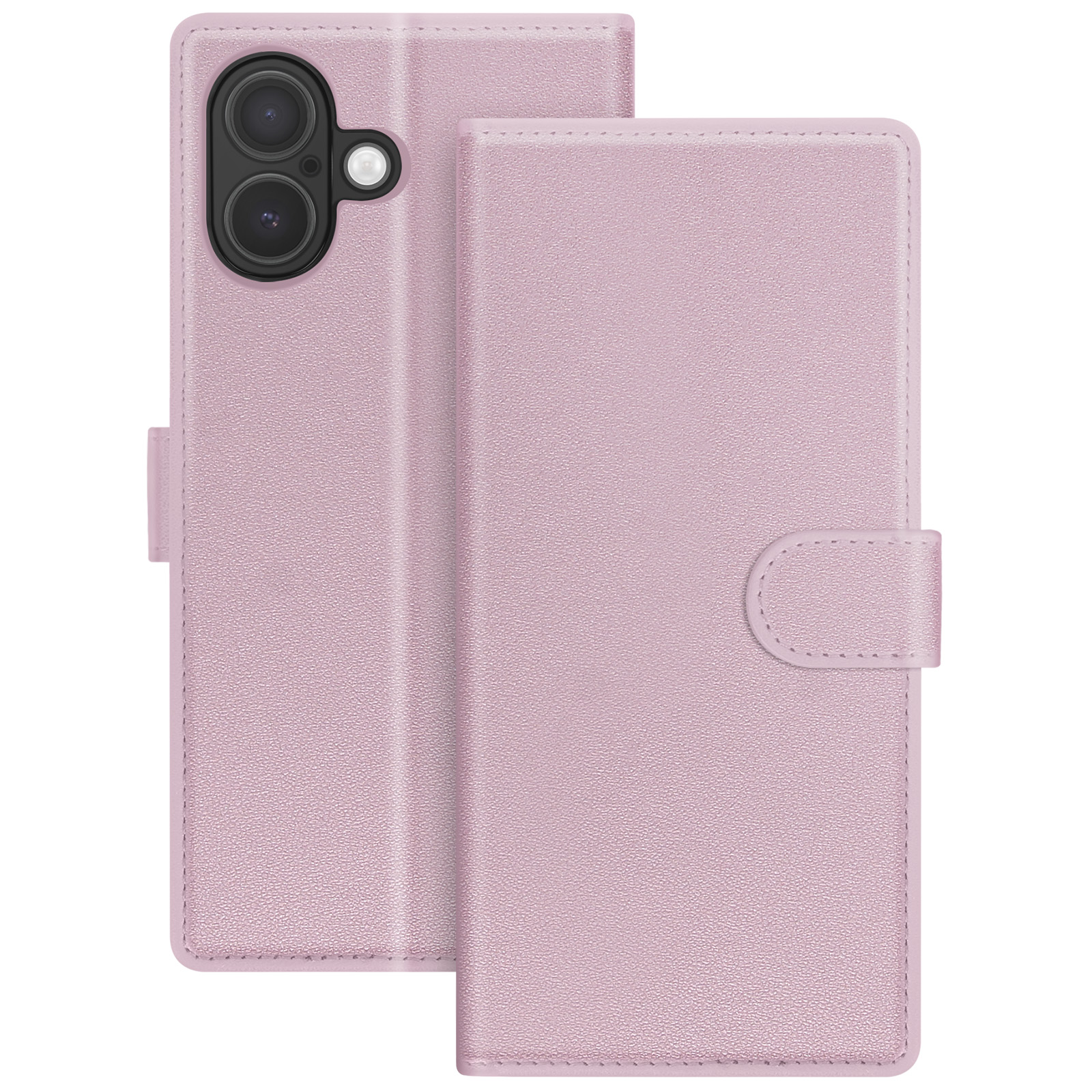 Un étui de téléphone rose avec une découpe pour l'appareil photo, ouvert pour révéler le dos du téléphone et l'intérieur.