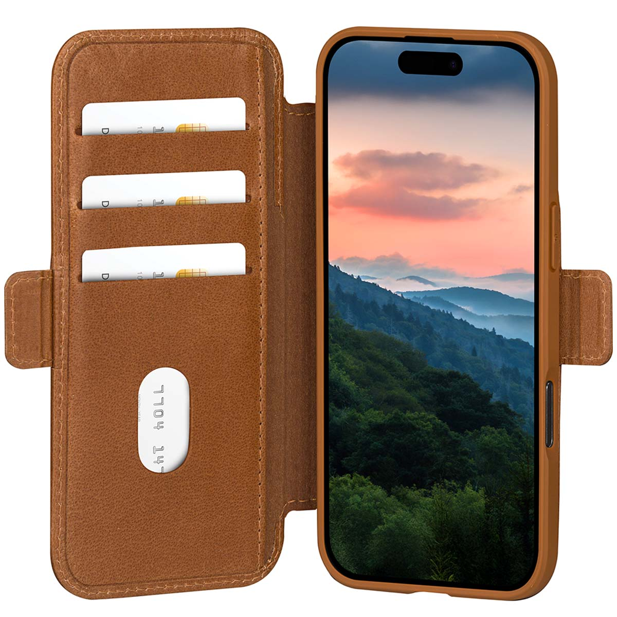 Una custodia per telefono in pelle marrone con un telefono che mostra una scena di montagna. Le fessure per carte di credito sono visibili a sinistra.