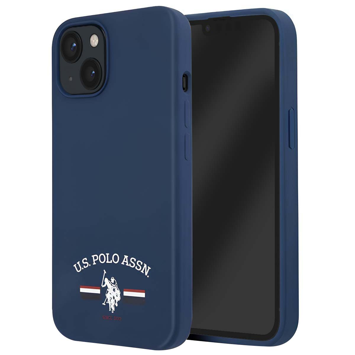 Una custodia blu navy con un telefono all'interno, con il logo U.S. Polo Assn.