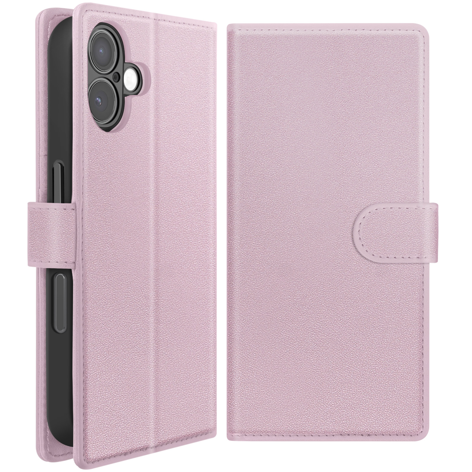 Étui de téléphone rose, ouvert. Montre le téléphone avec des caméras et un rabat avec fermeture à bouton. Isolé sur fond blanc.